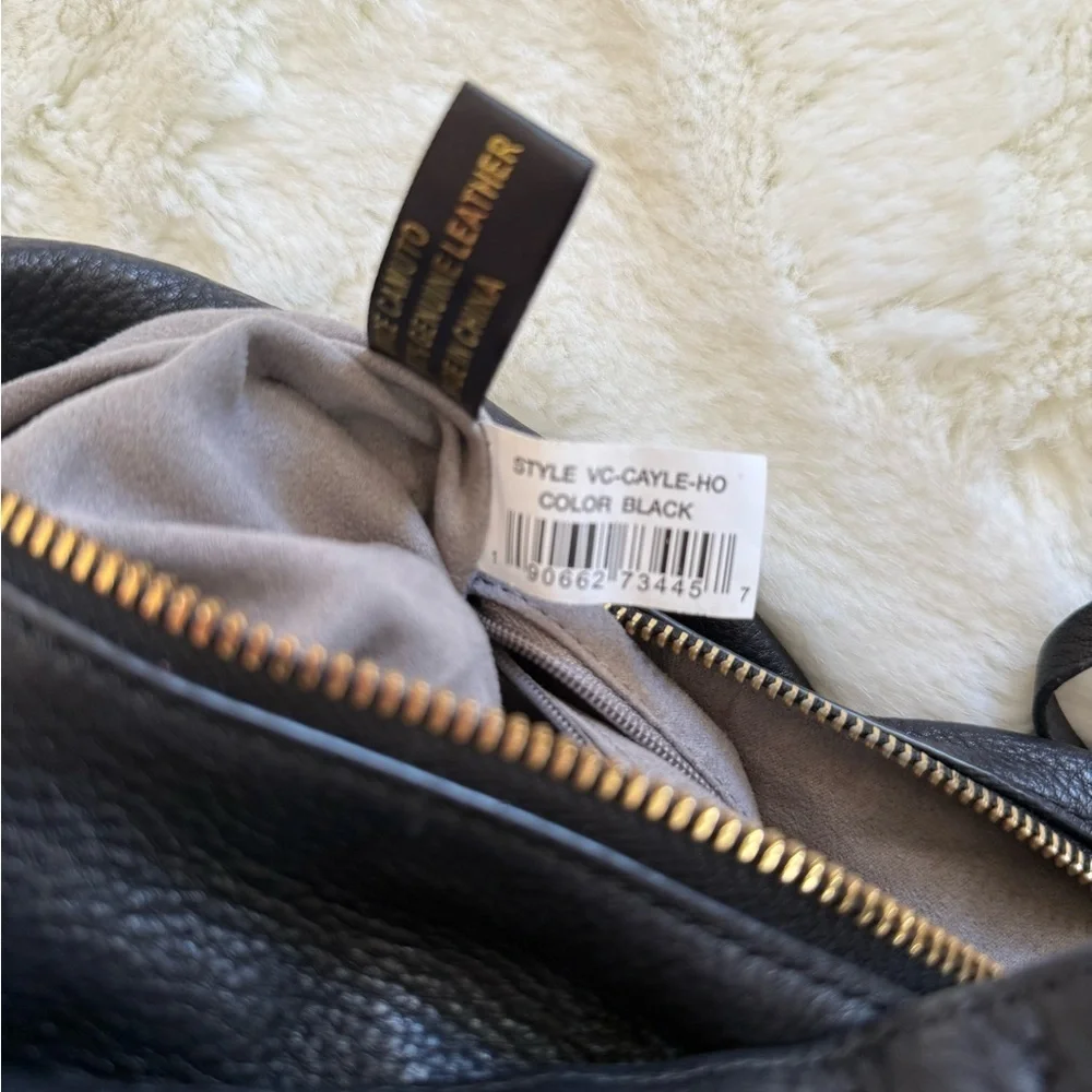 VINCE CAMUTO Cayle Pebble Leather Gold Ring Hobo Bag Black